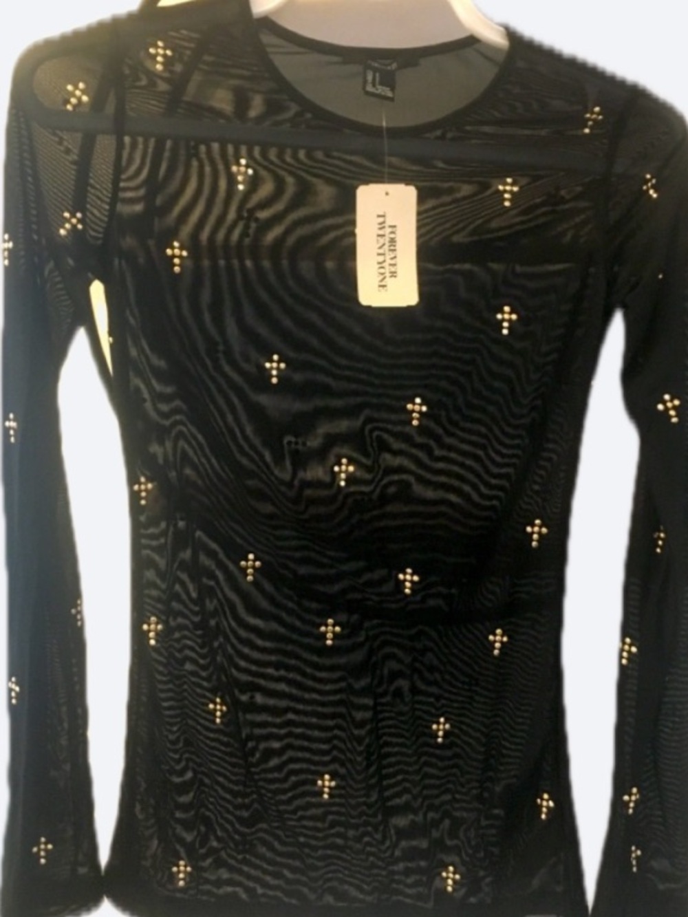 Forever 21 Black Mesh Long Sleeve Top Gold Stone Cross Sheer NWT Small
